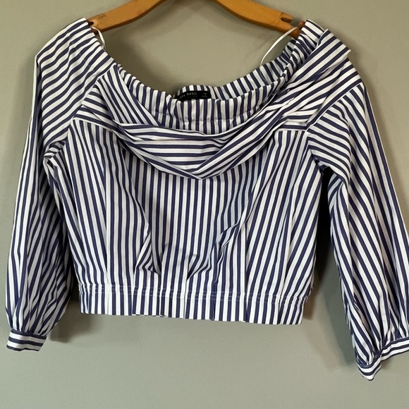 ZARA Basic Collection Blue Striped Blouse Off The Shoulder Crop Medium - Picture 5 of 8